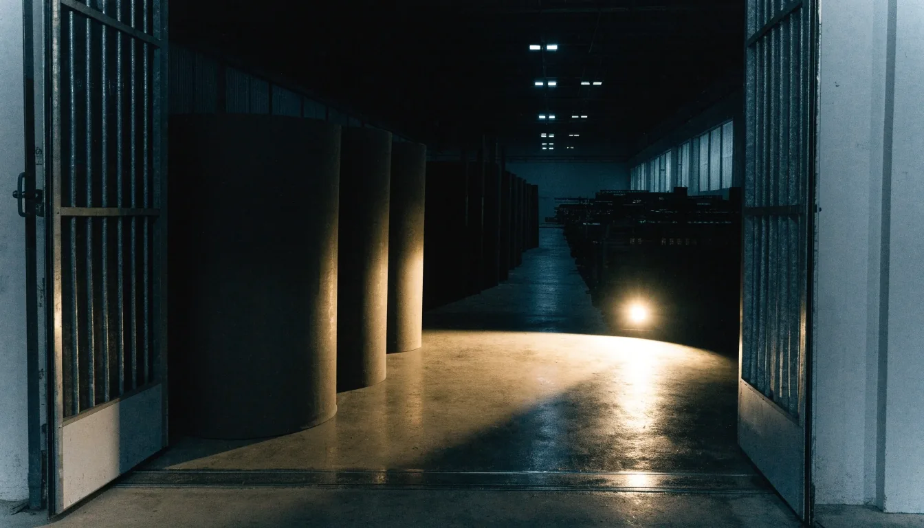 Night press hall seen through an open loading dock with ink rolls in shadow
