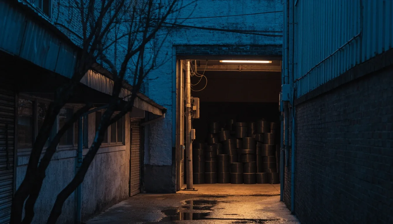 Quiet street outside a small newsroom at night with one warm lit window