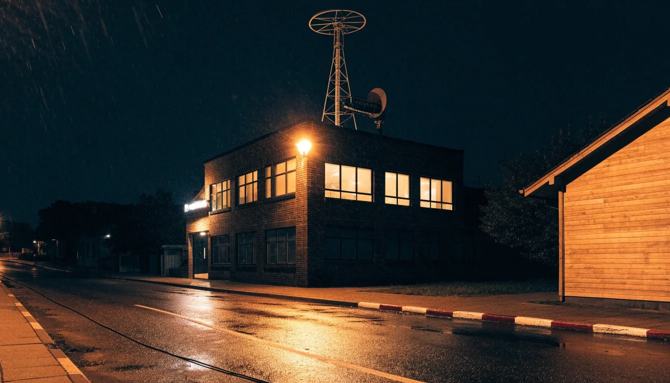 Street of lit house windows at night with running cable in the foreground