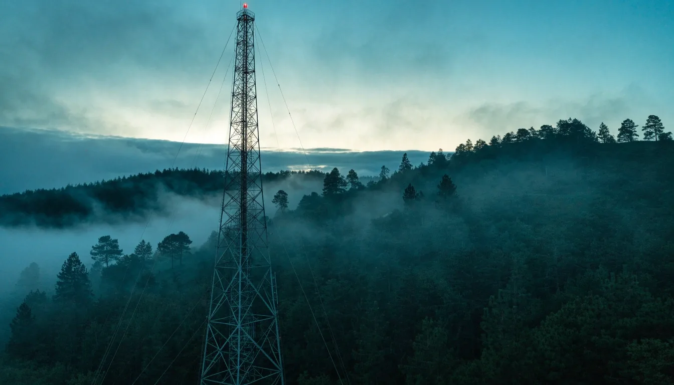 Valley road at dusk with utility poles receding into fog