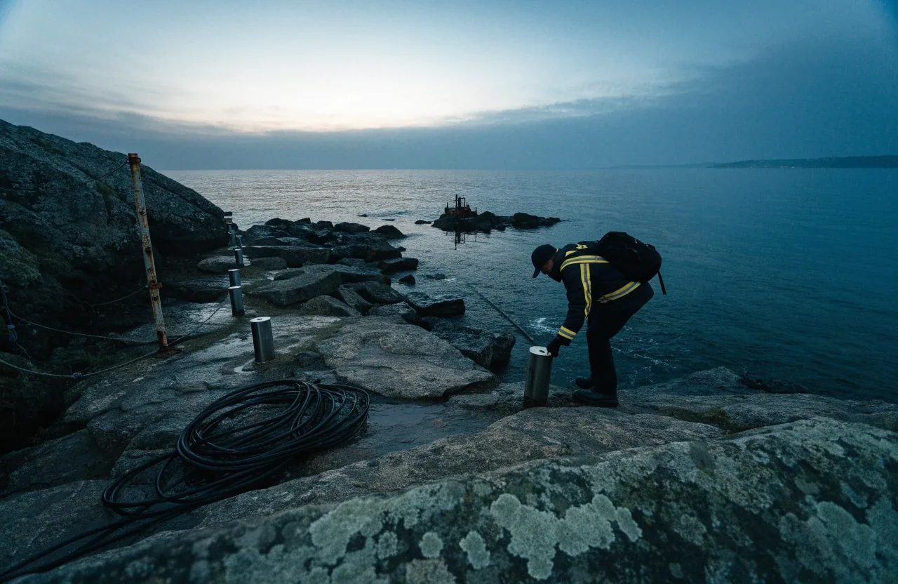 A coastal cable landing route at dusk with deep water beyond