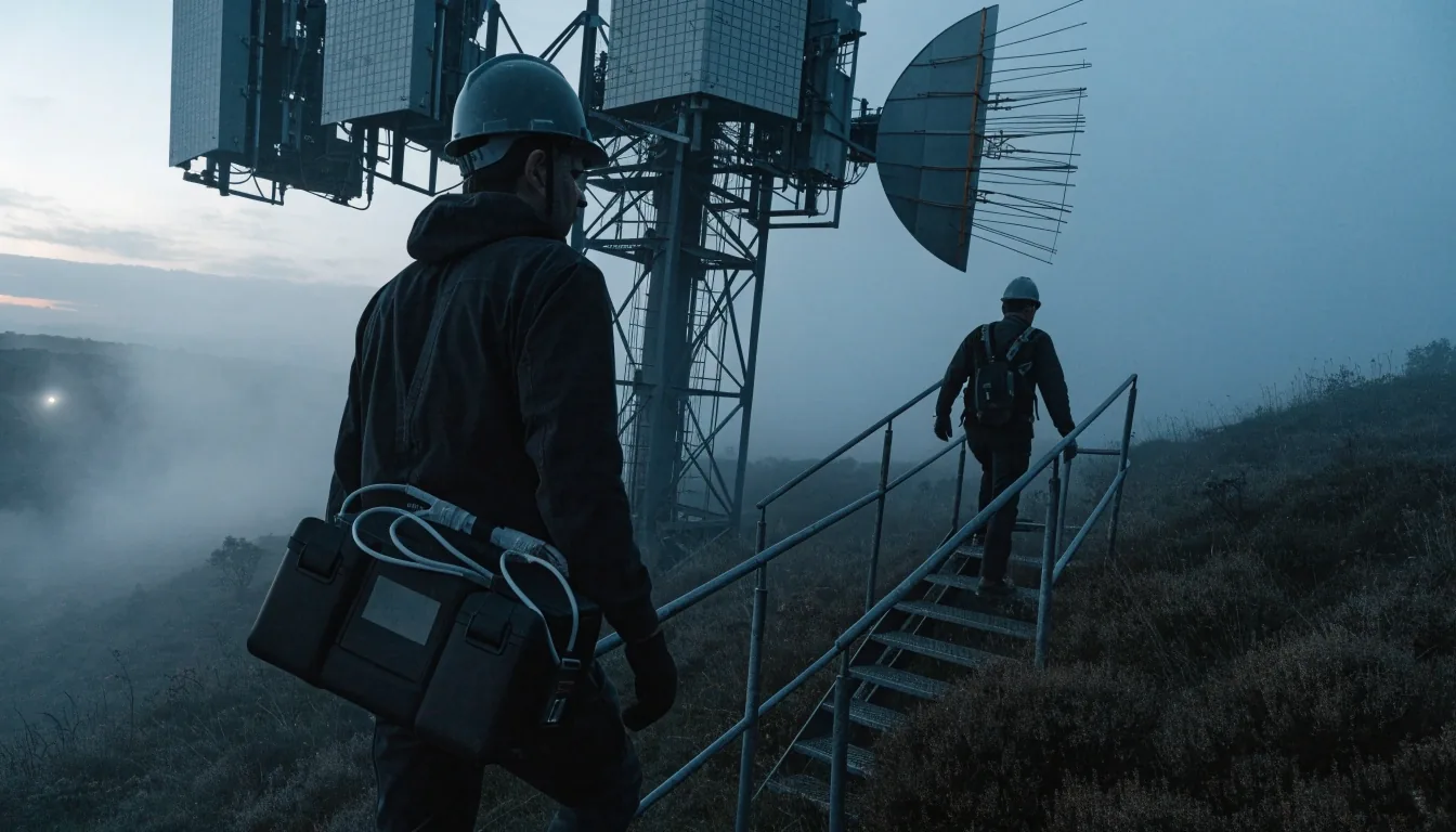 Antenna array standing on a fogged hill at dusk