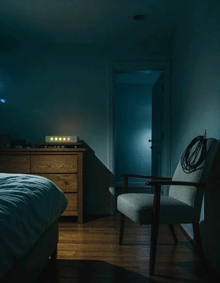 A living room at night lit by one lamp, with an empty chair by the window and cabling running toward an unseen corner