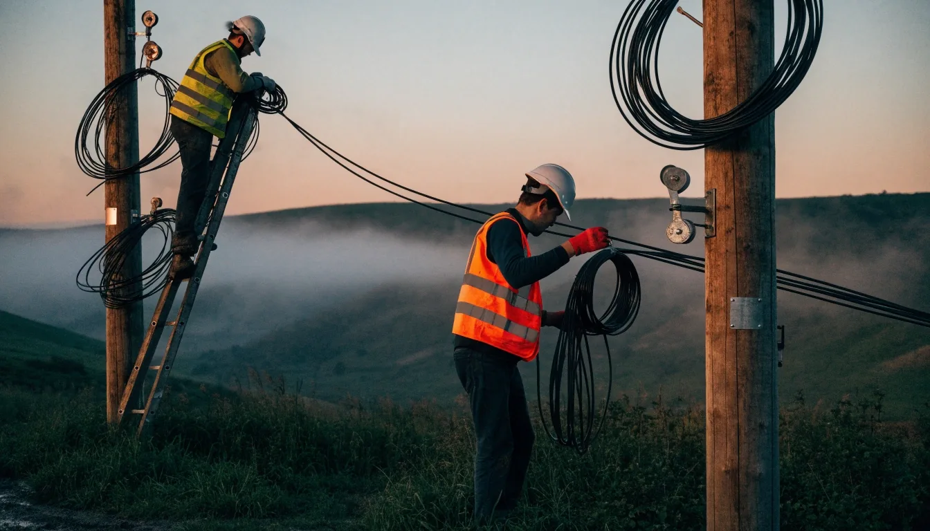 Aerial fibre trunk cable between utility poles on a fogged hillside at dusk, with a single lit window on the ridge