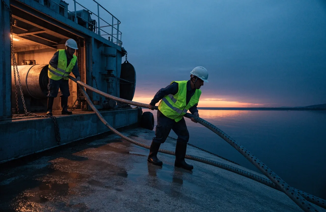 Armoured subsea cable rising from dark water onto a concrete landing ramp at dusk