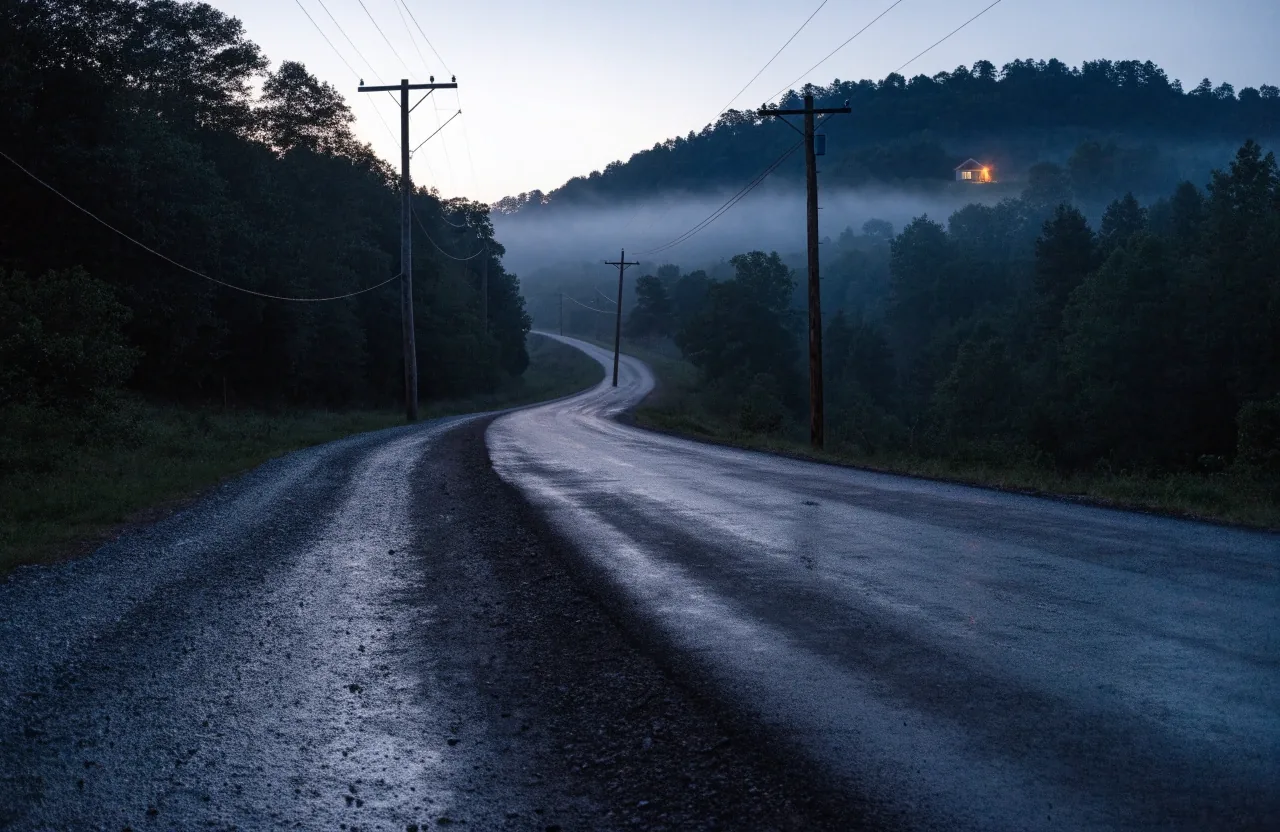 Rural valley road at dusk with utility poles carrying cable, receding into low fog