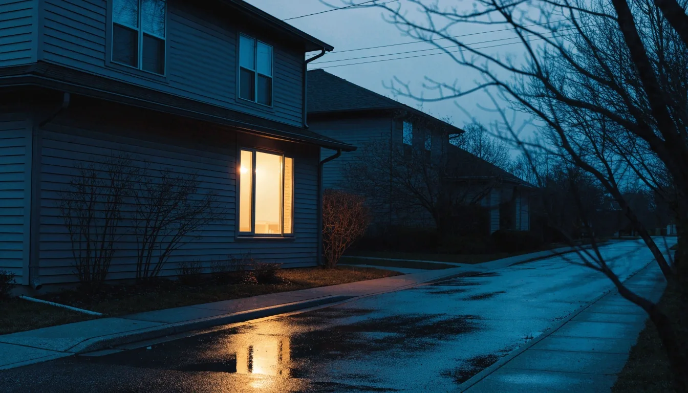 A lamp-lit chair by a window in a dark furnished room at night