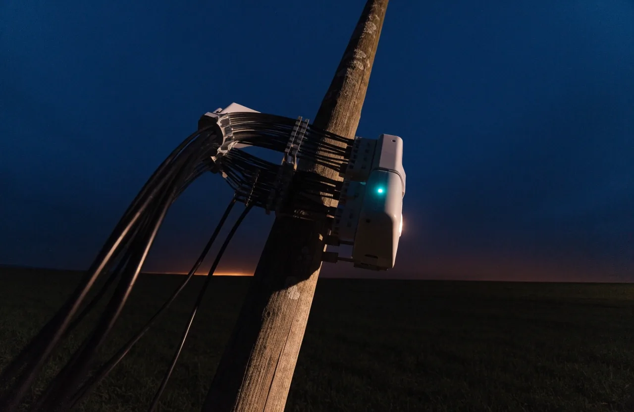 A fibre riser and splice closure mounted on a utility pole at night