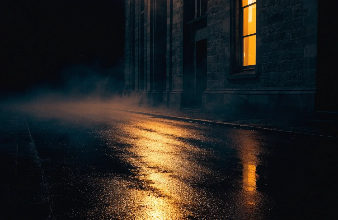 A stone civic building at night with a single lit window on a quiet street