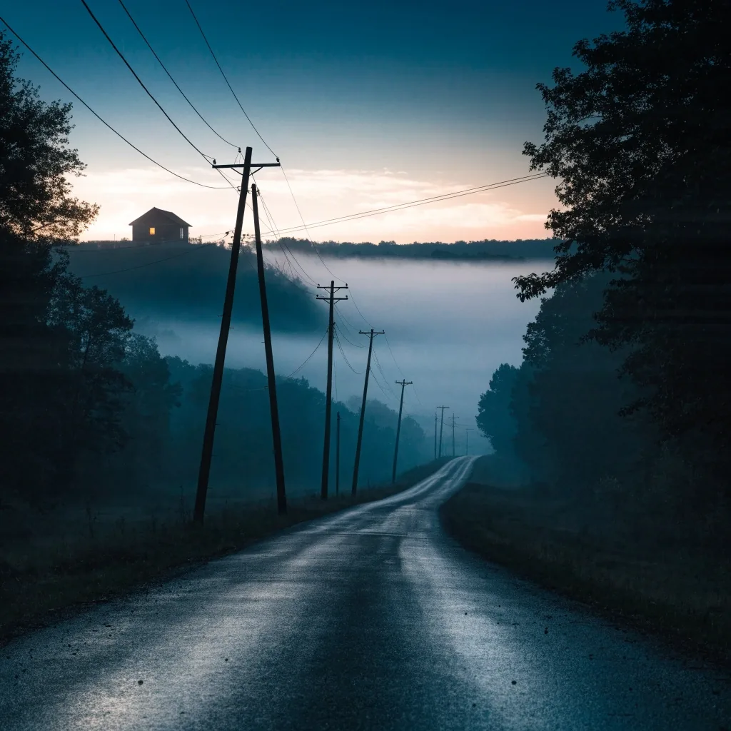 A communications antenna array on a fogged hill at night