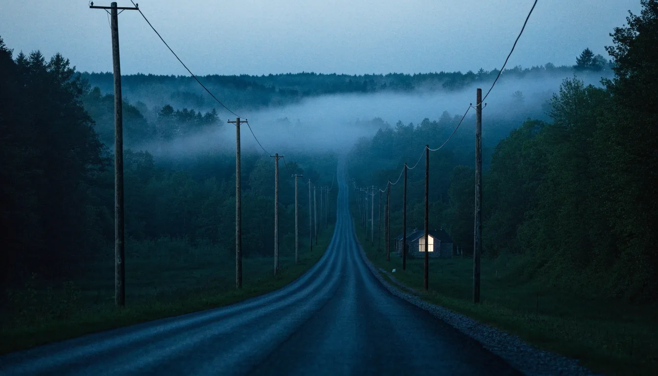 Lit windows along a small-town street at night with a cable crossing overhead