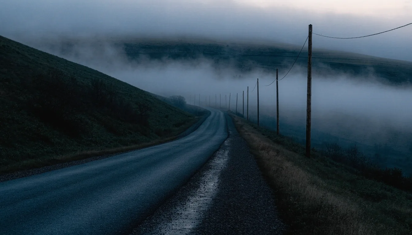 Utility poles along a fogged valley road in rural Vermont at dusk